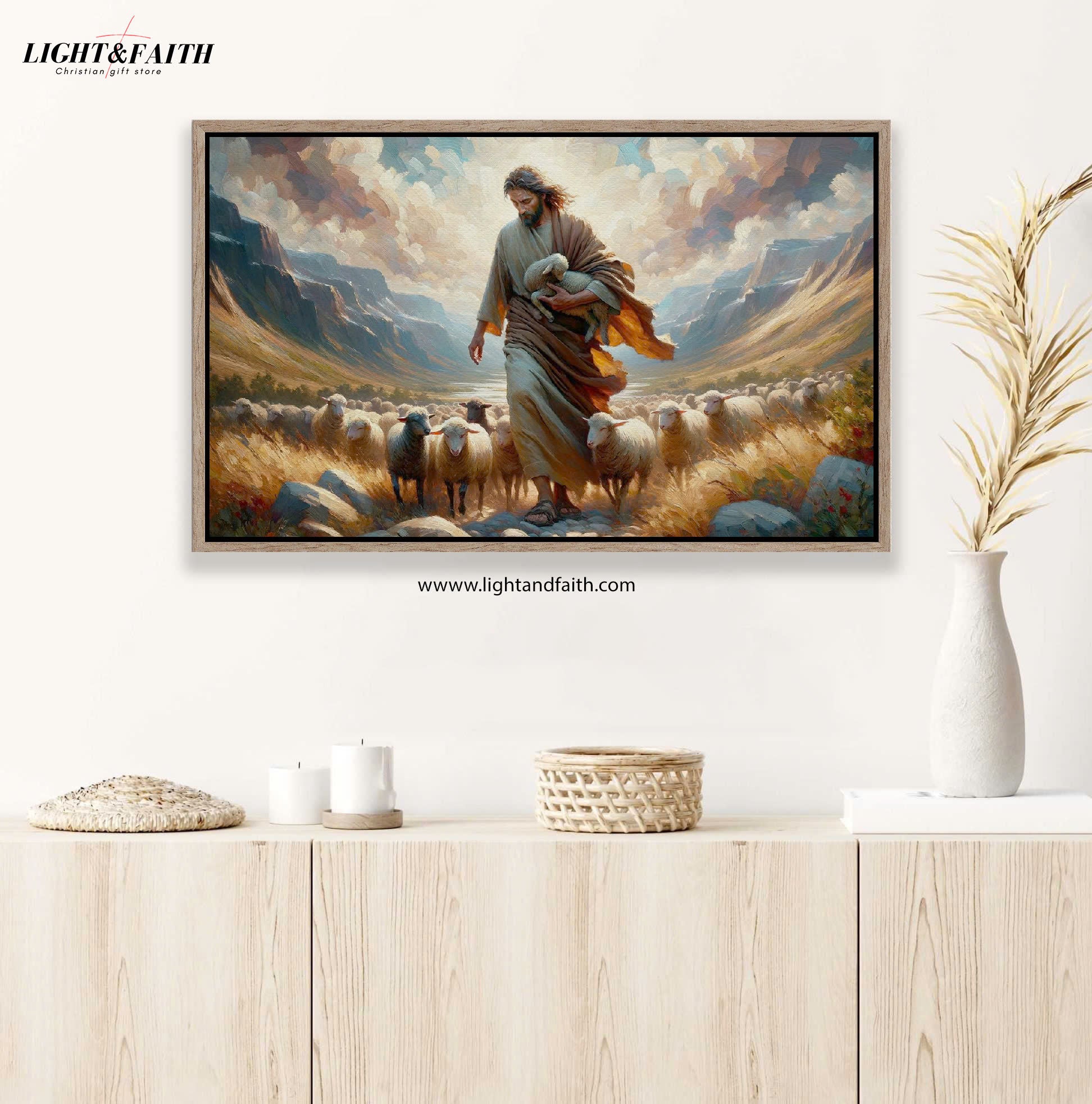 Jesus and Lost Sheep Poster, Framed Oil Paint Poster, Religious Decor, Christian Wall Art, Poster Gift, Inspirational Home Decor